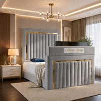 Plush Velvet Silver - Kensington Luxury TV Bed – Upholstered Bed Frame with Statement Panel Headboard & TV Footboard