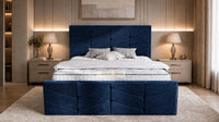 Plush Velvet Sapphire - Valentina Luxury Chevron Panel Bed – Designer Upholstered Bed Frame with Statement Headboard & Footboard