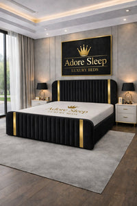 Naples Black - Spencer Luxury Curved Fluted Bed Frame with Gold Strip – Upholstered