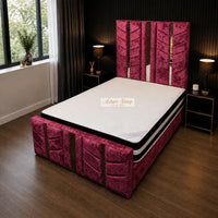 Crushed Velvet Aubergine - Chevronne Luxury Chevron Panel Bed – Designer Upholstered Bed Frame with Metallic Inlay Detailing