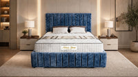 Crushed Velvet Denim Blue - Dorchester Luxury Scalloped Panel Bed – Premium Upholstered Bed Frame with Statement Headboard