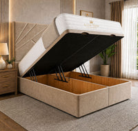 Plush Velvet Beige - Meridian Abstract Geometry Ottoman Divan Bed | Luxury Hydraulic Storage Bed Frame
