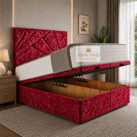 Crushed Velvet Red - Meridian Abstract Geometry Ottoman Divan Bed | Luxury Hydraulic Storage Bed Frame
