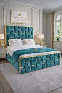 Crushed Velvet Teal - Sovereign Geometric Upholstered Designer Bed | Luxury Gold Trim Bed Frame