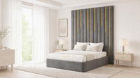 Plush Velvet Grey - Alisha Gold Strip Grandline Luxury Floor-Standing Ottoman Storage Bed