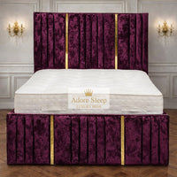 Crushed Velvet Aubergine - Celestine Luxe Vertical Panelled Gold Strip Upholstered Bed Frame | Luxury Statement Bed