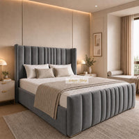 Naples Slate Grey - Grosvenor Luxury Winged Panel Bed – Designer Upholstered Bed Frame with Statement Headboard & Footboard