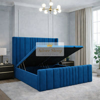 Naples Blue - Valmont Luxe Ottoman Divan Bed Frame – Luxury Upholstered Storage Bed with Statement Panelled Headboard