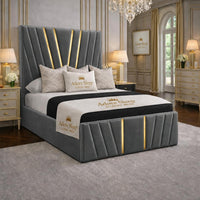 Plush Velvet Steel - Valentina Royale Luxury Upholstered Bed Frame – Statement Winged Headboard, Panelled Footboard
