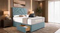 Plush Velvet Duck Egg - Aurelia Geometric Luxe Divan Bed with Statement Panelled Headboard & Storage