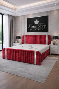 Crushed Velvet Red - Spencer Luxury Curved Fluted Bed Frame with Gold Strip – Upholstered