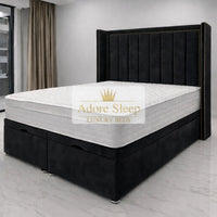 Plush Velvet Black - Grand Elysee Luxury Panelled Upholstered Bed Frame with Divan Ottoman Storage