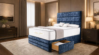 Crushed Velvet Denim Blue - Monaco Luxe Luxury Divan Bed – Premium Upholstered Panelled Headboard with Storage