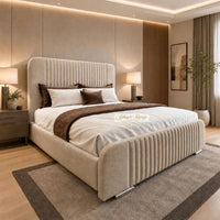 Naples Beige - Beaumont Luxury Fluted Wing Bed – Designer Upholstered Bed Frame with Statement Headboard & Footboard
