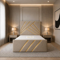 Naples Beige - Monaco Luxury Geometric Bed – Designer Upholstered Bed Frame with Metallic Inlay Detailing