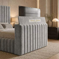 Plush Velvet Silver - Mayfair Luxury Channelled TV Bed – Premium Upholstered Bed Frame with Integrated TV Footboard