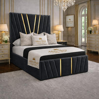 Naples Black - Valentina Royale Luxury Upholstered Bed Frame – Statement Winged Headboard, Panelled Footboard