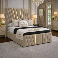 Naples Sand - Valentina Royale Luxury Upholstered Bed Frame – Statement Winged Headboard, Panelled Footboard