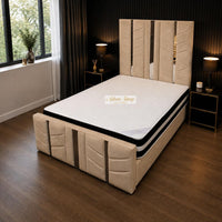 Plush Velvet Beige - Chevronne Luxury Chevron Panel Bed – Designer Upholstered Bed Frame with Metallic Inlay Detailing