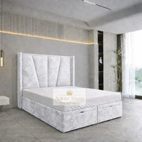 Crushed Velvet White - Valençay Flared Sunburst Wingback Bed | Luxury Divan Ottoman Upholstered Bed Frame