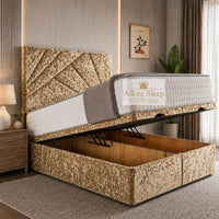 Crushed Velvet Gold - Meridian Abstract Geometry Ottoman Divan Bed | Luxury Hydraulic Storage Bed Frame