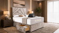 Crushed Velvet Mink - Aurelia Geometric Luxe Divan Bed with Statement Panelled Headboard & Storage